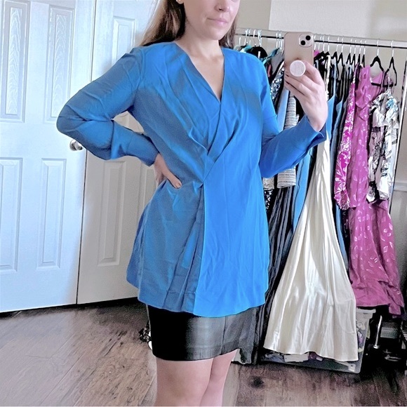 Alfani Cobalt Blue Pleated V Neck Long Sleeve Tunic Top Blouse Work Women M New - Picture 6 of 7